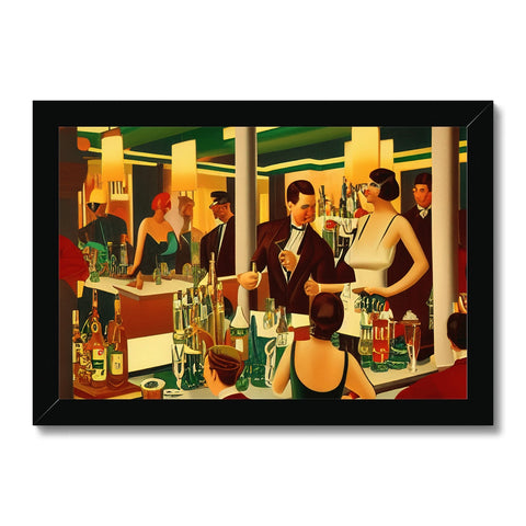 a table with people smiling near a framed art print sitting next to a glass of champagne