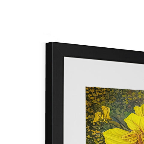 A picture of yellow flowers in a picture frame on a black frame.