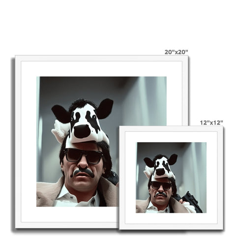 a bovine posing in front of white picture frames on a kitchen table