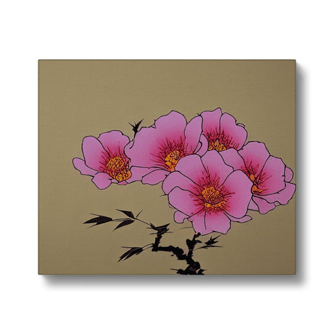 An art print with a pink flower on it on a plate.