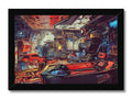 An interior picture of an industrial area with a framed image of an art print on the