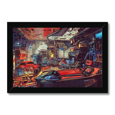 An interior picture of an industrial area with a framed image of an art print on the