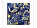 Blue and yellow art print of a cityscape in a gallery.