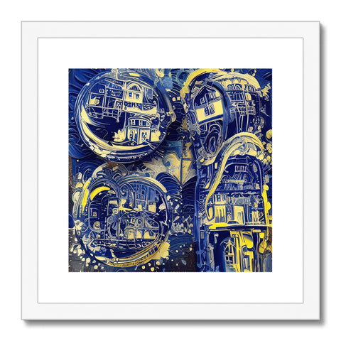 Blue and yellow art print of a cityscape in a gallery.