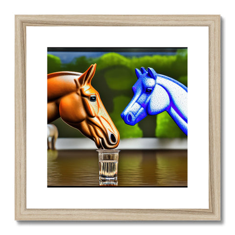 two people with horses in a field on blue and white water.