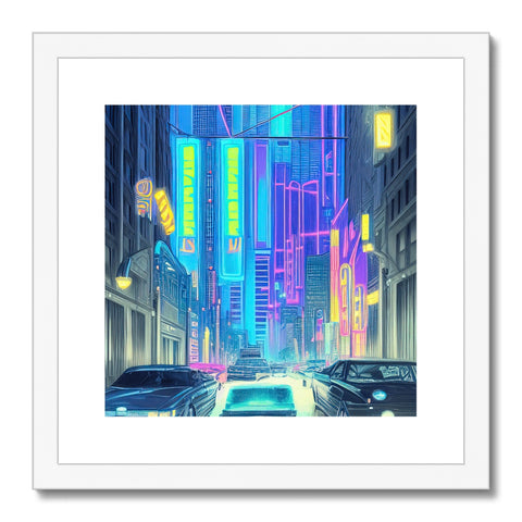 Art prints have a city scene with traffic lights and people walking down a road.