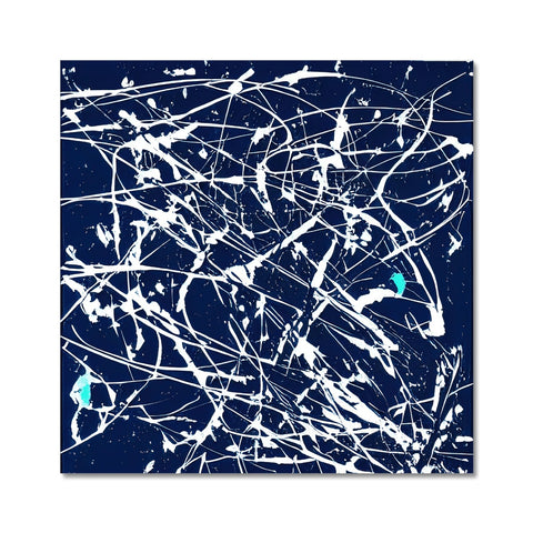 Art print on a ceramic tile in a room that is large and blue.