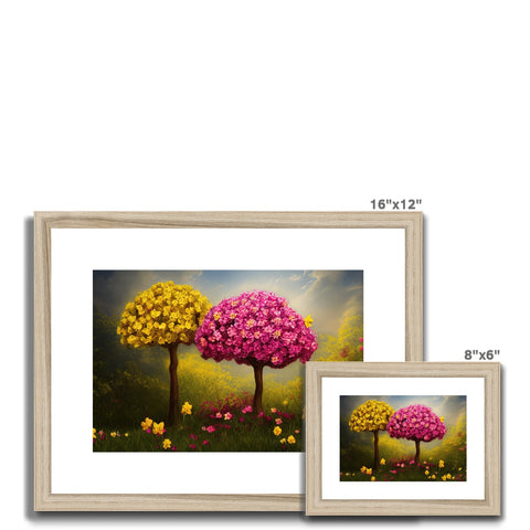 Three different pictures of a picture of trees framing a flower bedecked area with