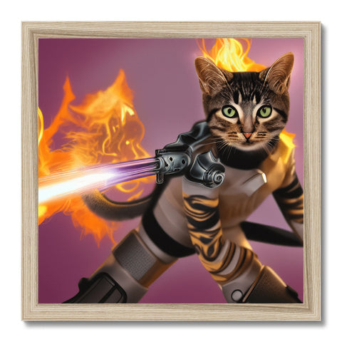 A cat that is holding a flame on a wooden pole.
