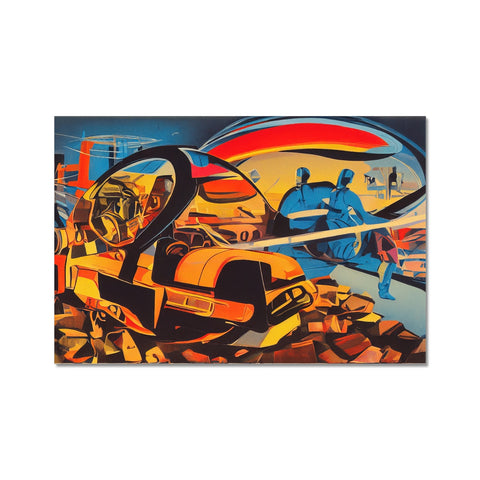 The art print is depicting a skier racing a motor boat on a green road.