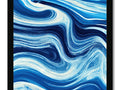 A blue and white painting of waves flowing across the ocean.