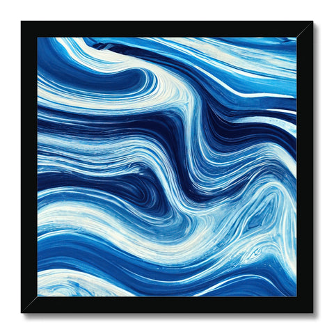 A blue and white painting of waves flowing across the ocean.