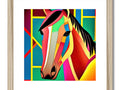 A horse standing on a horse bed standing under wood art print.