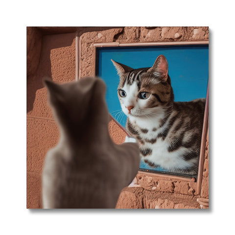 A cat looking into a mirror in front of a picture frame.