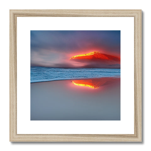 A large photo of an old volcano on a wooden frame framed with a red light and