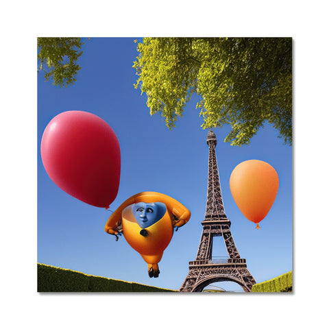 A large inflatable balloon floating over a flat blue field with an orange ballon and