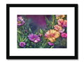 Art print with pink flowers next to purple and purple foliage.