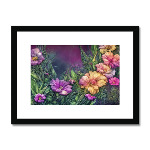 Art print with pink flowers next to purple and purple foliage.
