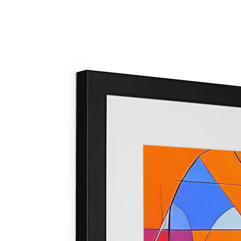 A black frame with an orange square hanging next to a green piece of artwork.