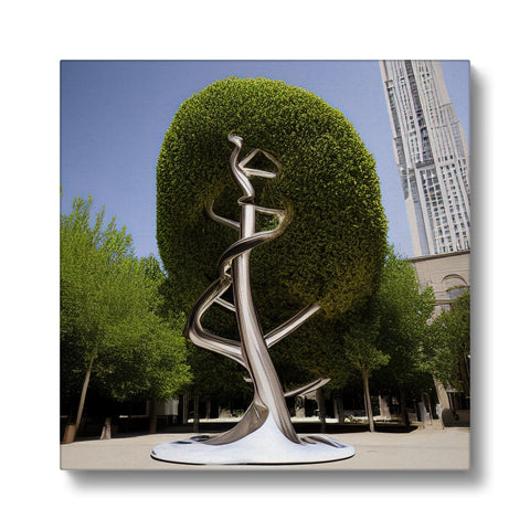 A picture of a tree growing with metal sculpture,  in front of a view of