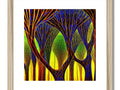 An art print of trees on a wooden frame with leaves.