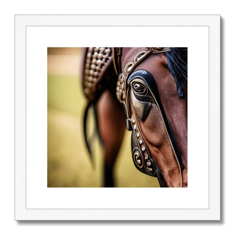 A photo of the horse is on a wooden framed wall.