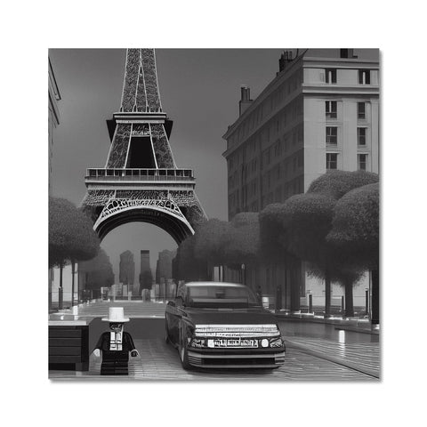 A car of a white car next to a pile of place mats with photos of Paris
