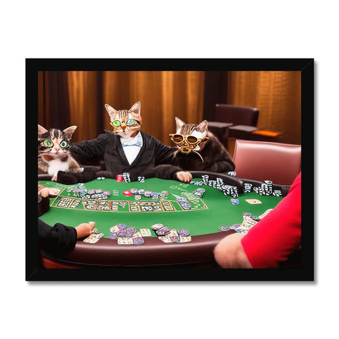 A group of cats next to a poker table in a room.