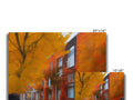A group of yellow, orange, and blue photo cards on an image of trees and