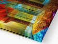 A beautiful painting of a staircase with a colorful glass panel.