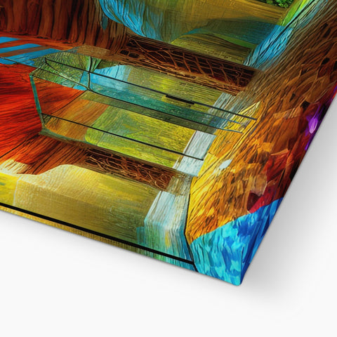 A beautiful painting of a staircase with a colorful glass panel.