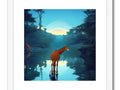 Giraffe standing in a forest looking out into the water with trees on his side