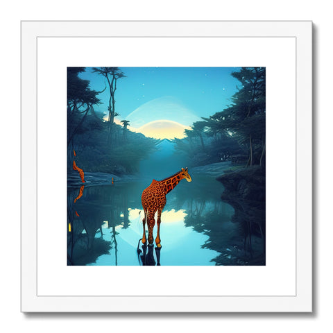 Giraffe standing in a forest looking out into the water with trees on his side