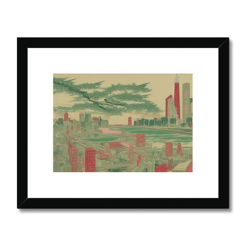 An art print with a cityscape looking down with trees and buildings.