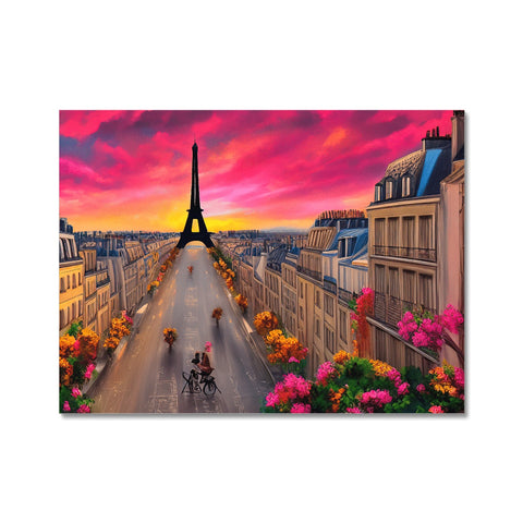 An art print with a tower above Paris on top of a mountain.