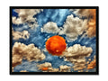A large picture on a display screen with orange with sky and clouds.