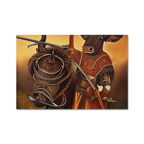 Two pictures of a bull standing behind a saddle next to a shield.