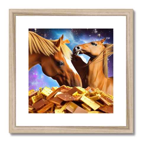 An image of a horse with a man sitting on him near to a large gold frame