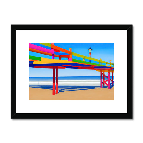 A colorful print print on a wall with a lifeguard tower on top of it.