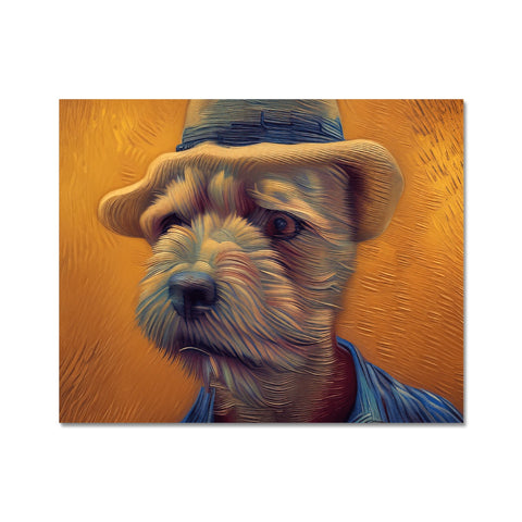 A dog hanging out on the side of an art print.