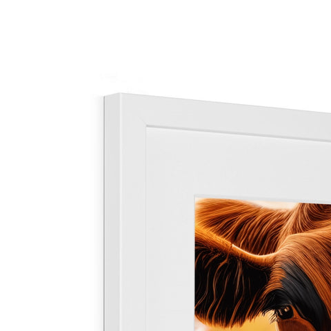 A cow looking down at a picture frame on a wall with other images.