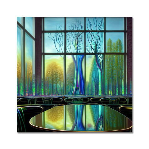 Art print on a stained glass window with a blue glass background.