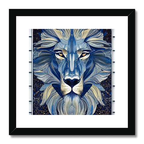 Color print on a blue wooden wall of wall hanging of a lion.