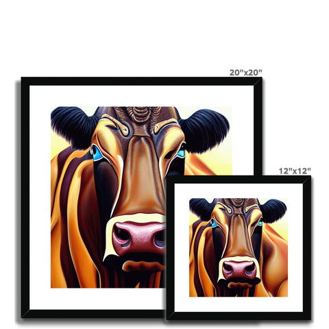 Three brown cow with a black and white picture on its body behind it.