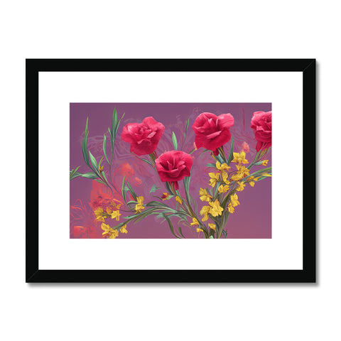 Pink flowers and a picture of a carnation and other flowers in an art print.