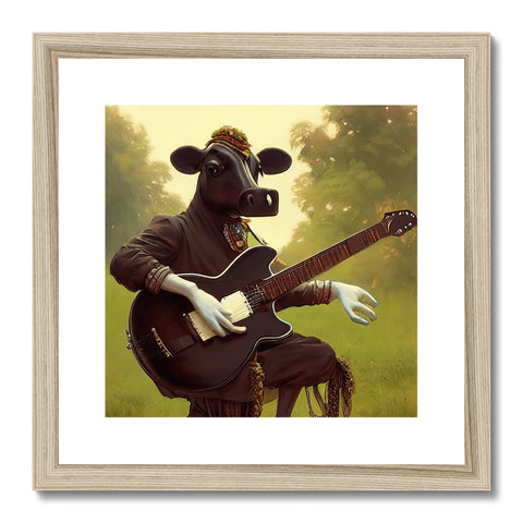 An art print of the cow with horns that is on its head.