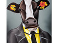 A cow wearing a jacket, wearing a tie while looking down at the ground. 