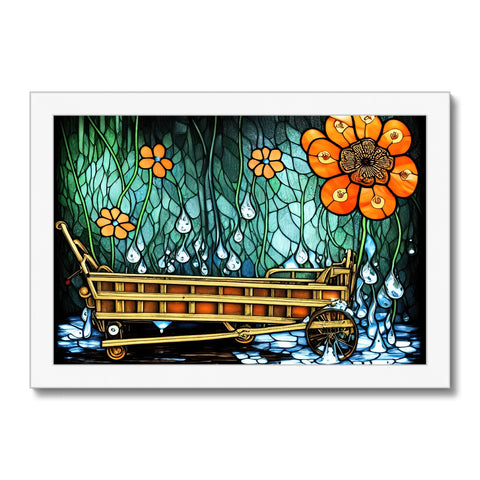 A canoe sits on a river in a boat that is decorated in orange flowers.