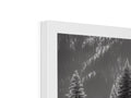 A photo frame with a snow covered forest at top of a black and white computer screen