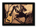 Art print of a musician with a maroon guitar on a floor.
